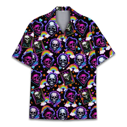 Matching family hawaiian shirts featuring neon skulls and hearts, front view 6