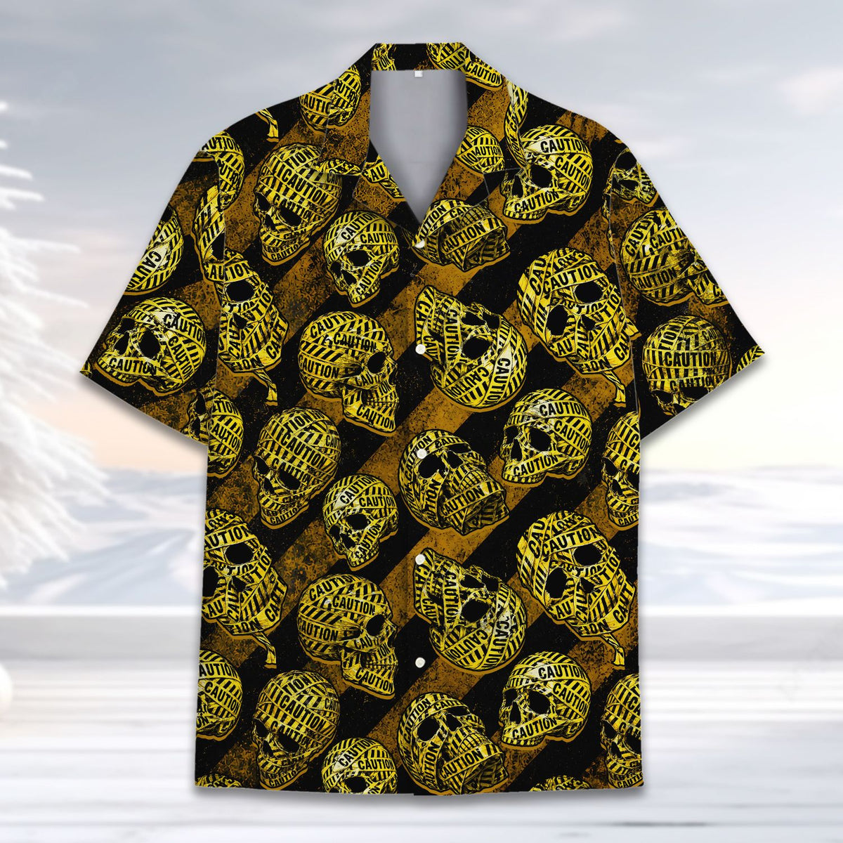 Main view of skulls hawaiian shirt with caution tape design