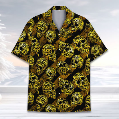 Main view of skulls hawaiian shirt with caution tape design