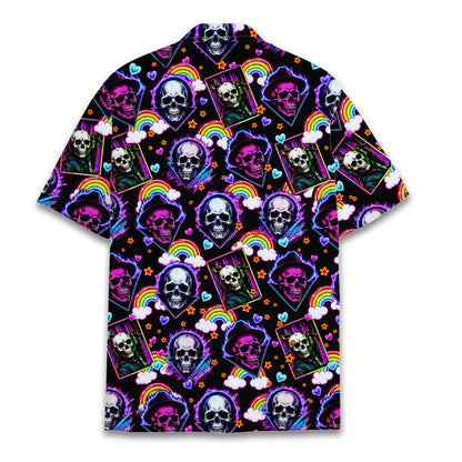 Black skulls hawaiian shirt with neon playing cards and floating hearts, main view