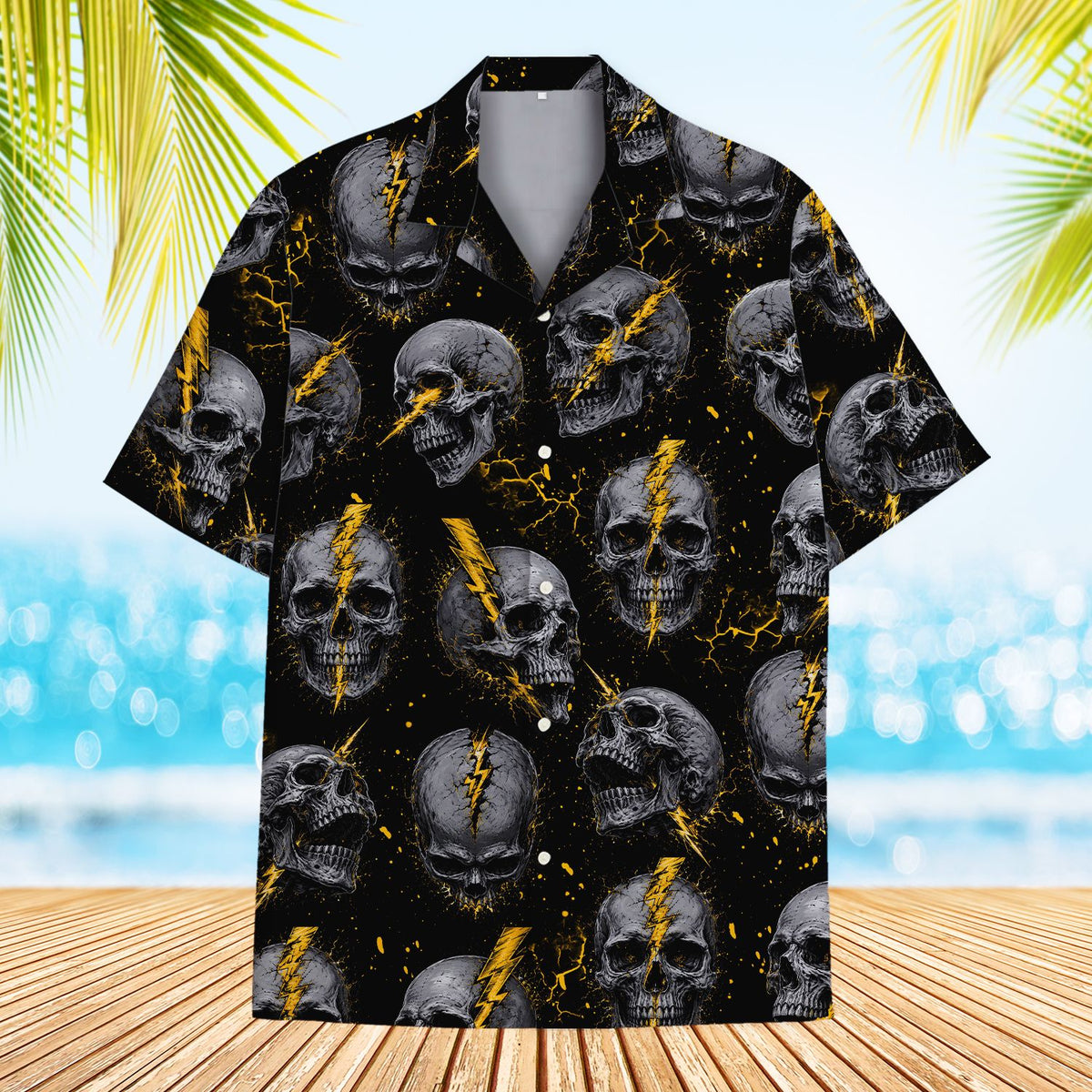 Skulls hawaiian shirt with yellow lightning bolts on black background