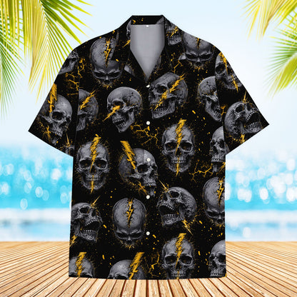Skulls hawaiian shirt with yellow lightning bolts on black background