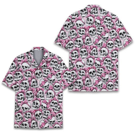 Main view of the matching family hawaiian shirts featuring a pink bow skull pattern