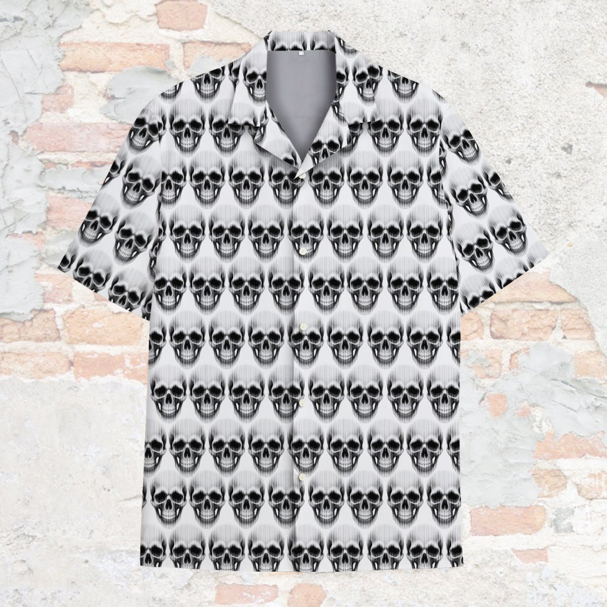White skulls hawaiian shirt featuring an all-over repeating black and white pattern
