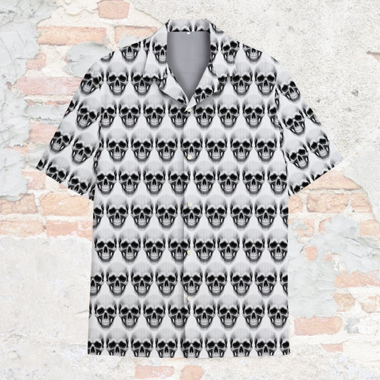 White skulls hawaiian shirt featuring an all-over repeating black and white pattern