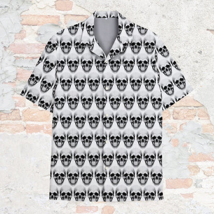 Front view of the white skulls hawaiian shirt with button-down closure