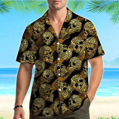 Second lifestyle view of matching family hawaiian shirts with skulls