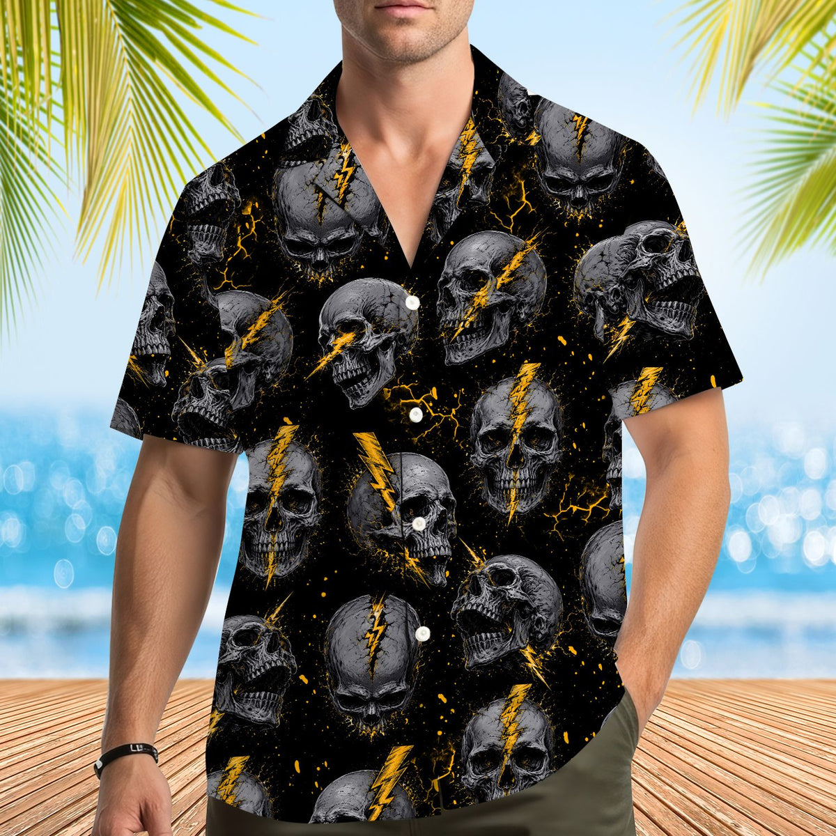 Lifestyle shot of the skulls hawaiian shirt