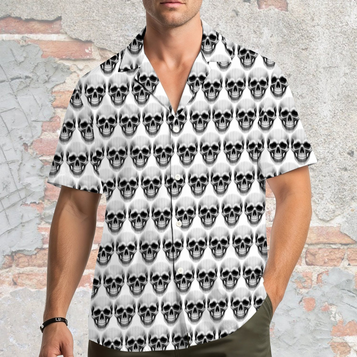 Lifestyle shot of the halloween hawaiian shirt worn outdoors