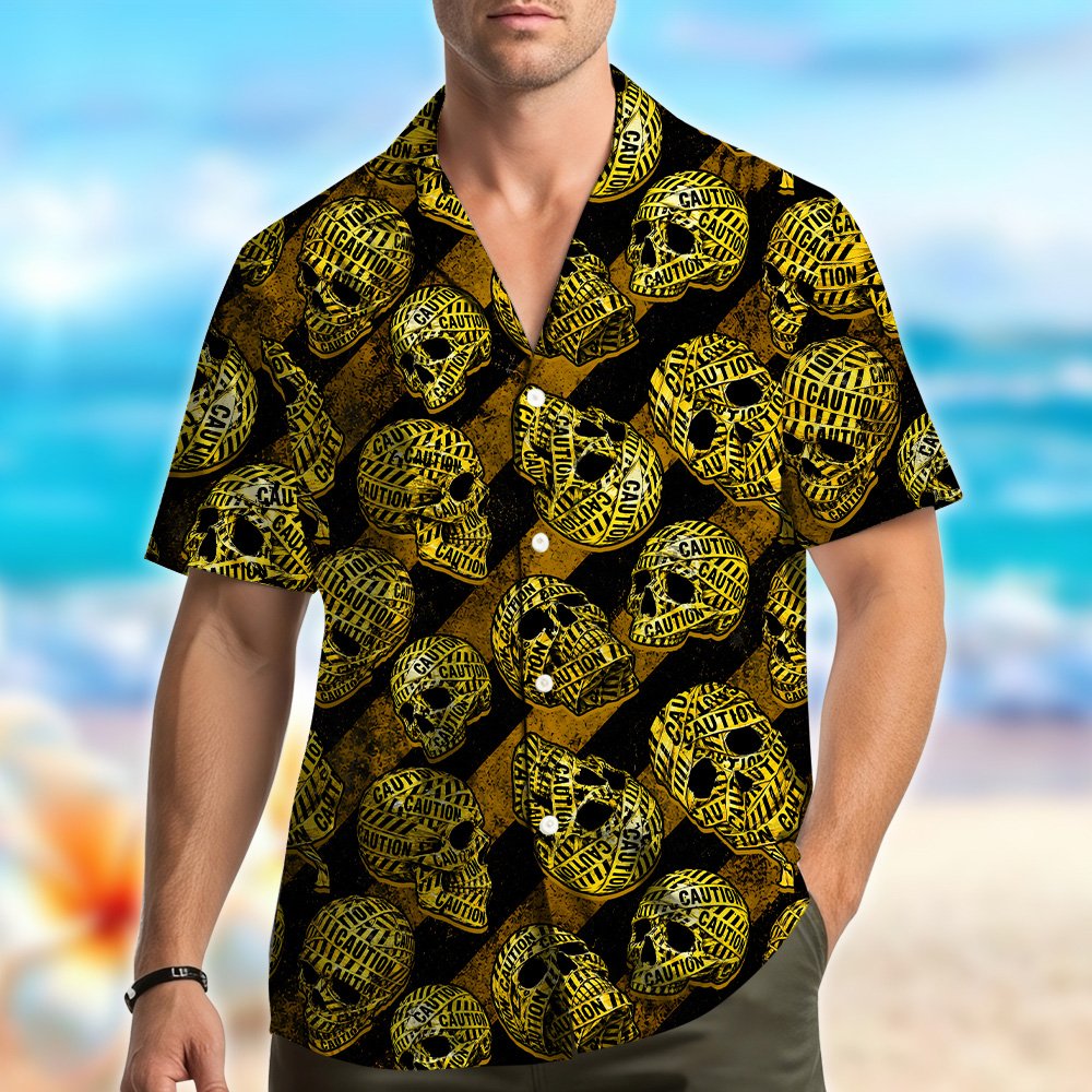 Third lifestyle view of matching family hawaiian shirts with skulls