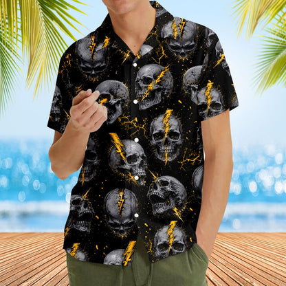 Person styling the black and yellow skulls hawaiian shirt