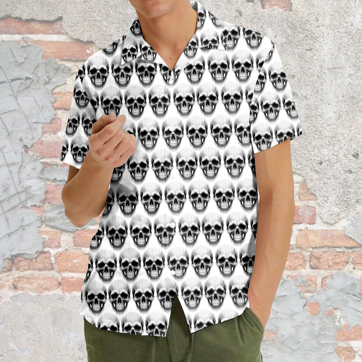 Family group wearing the white skulls hawaiian shirts in a lifestyle setting