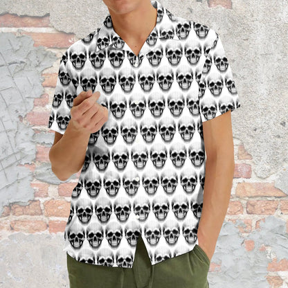 Family group wearing the white skulls hawaiian shirts in a lifestyle setting