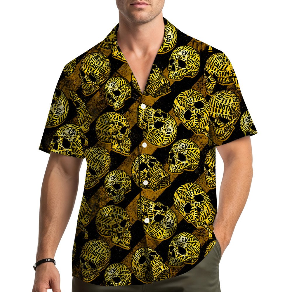 Lifestyle view of matching family hawaiian shirts with skulls