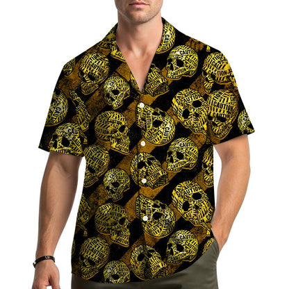 Lifestyle view of matching family hawaiian shirts with skulls