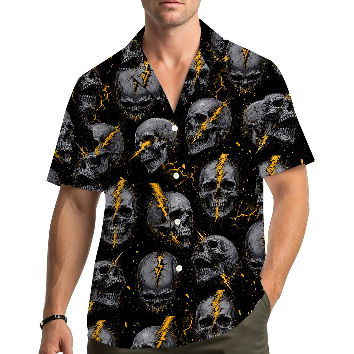 Person wearing the black skulls hawaiian shirt outdoors