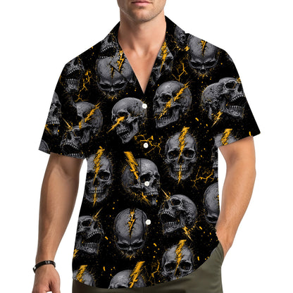 Person wearing the black skulls hawaiian shirt outdoors