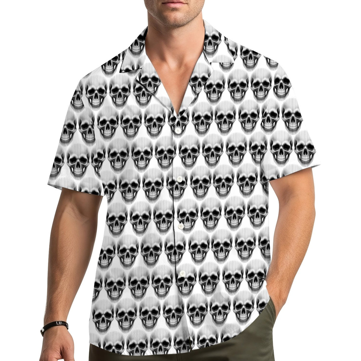Lifestyle image of a family wearing matching skulls hawaiian shirts