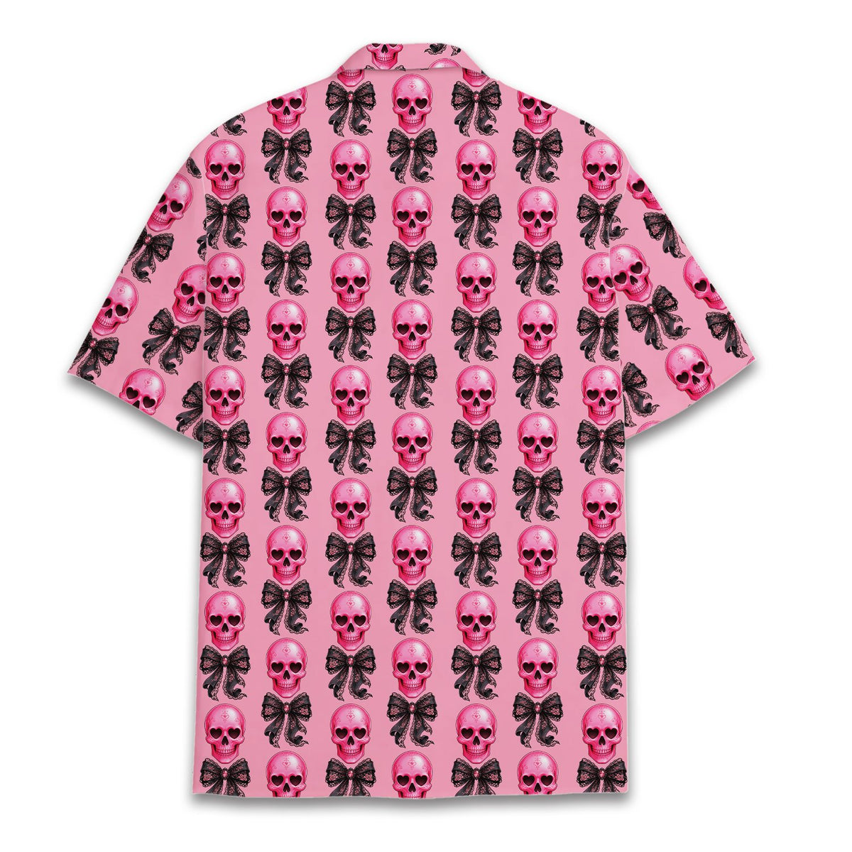 Pink hawaiian shirt skulls pattern with black bows, alternate back view