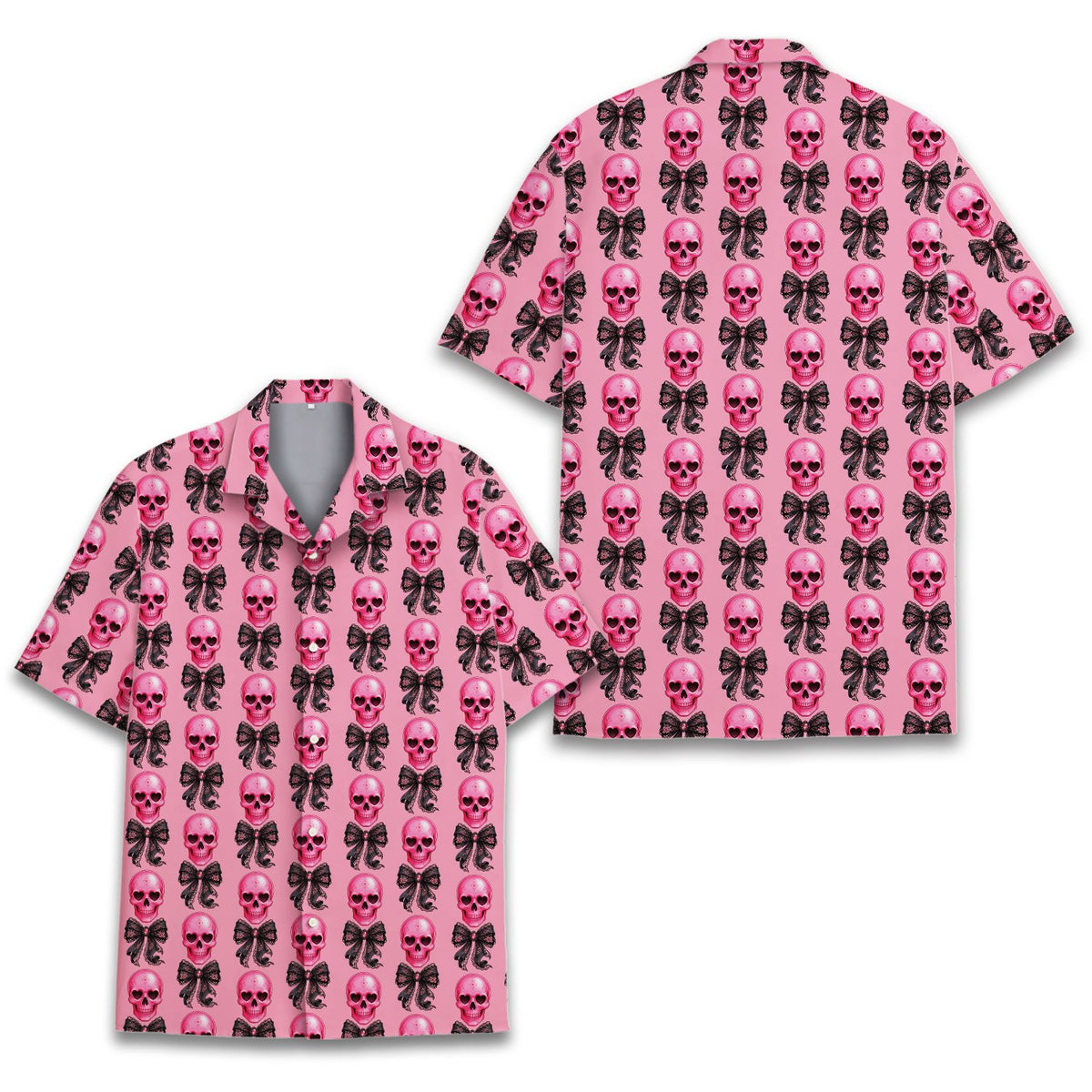 Pink hawaiian shirt skulls pattern with black bows, main view