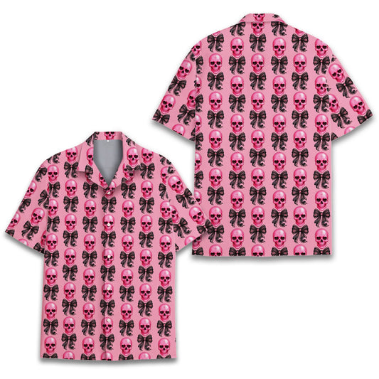 Pink hawaiian shirt skulls pattern with black bows, main view