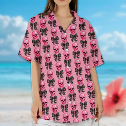 Family wearing matching pink skulls hawaiian shirts, lifestyle view 2
