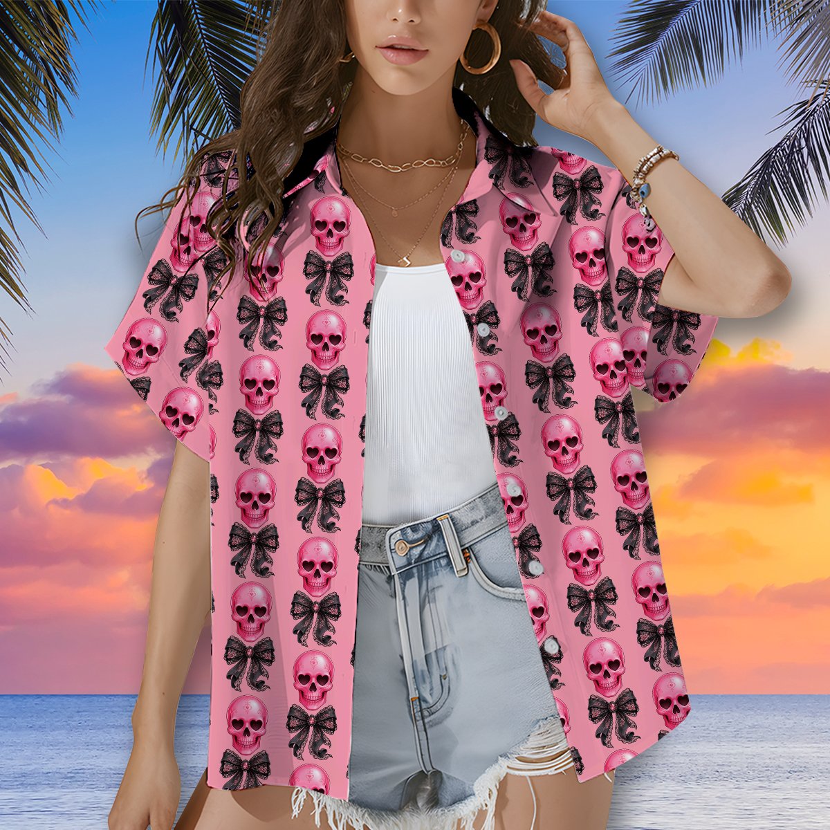 Family wearing matching pink skulls hawaiian shirts, lifestyle view 4