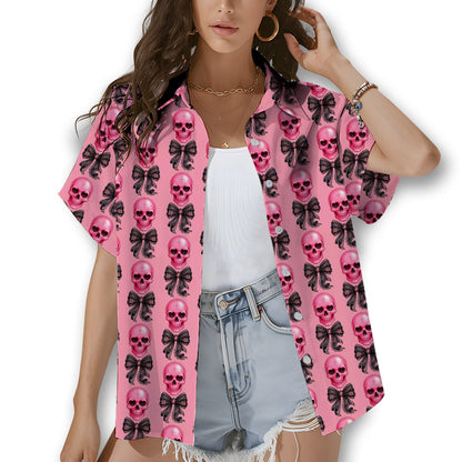 Family wearing matching pink skulls hawaiian shirts, lifestyle view 5