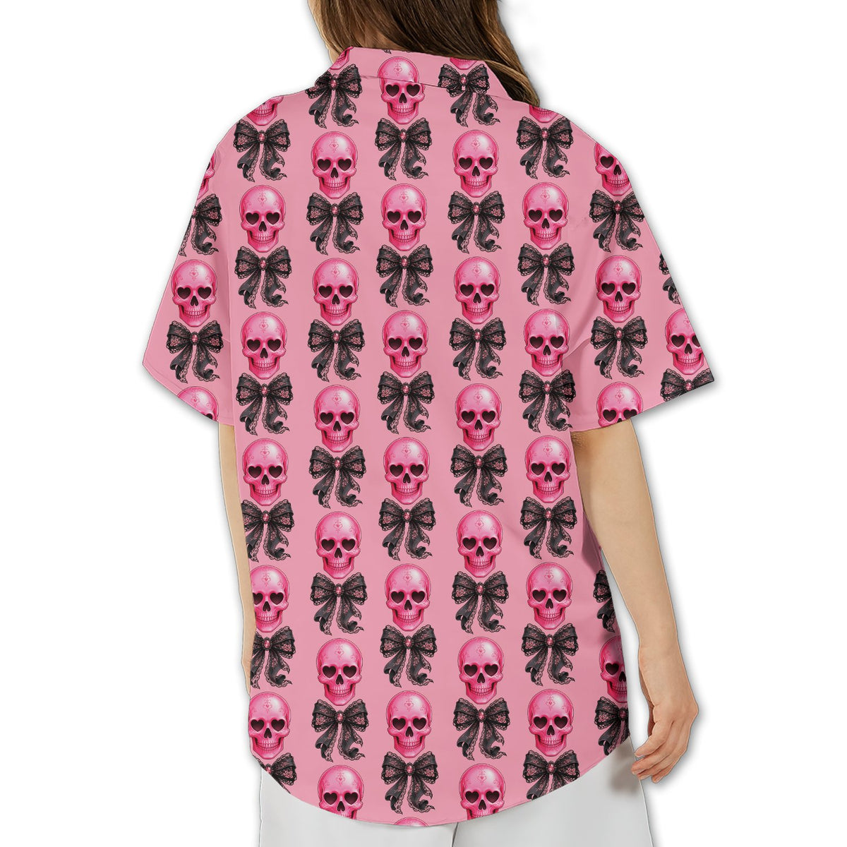 Family wearing matching pink skulls hawaiian shirts, lifestyle view 6