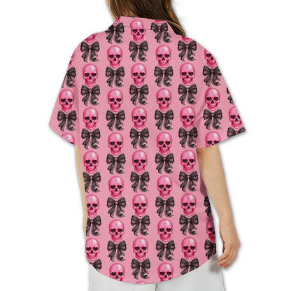 Family wearing matching pink skulls hawaiian shirts, lifestyle view 6