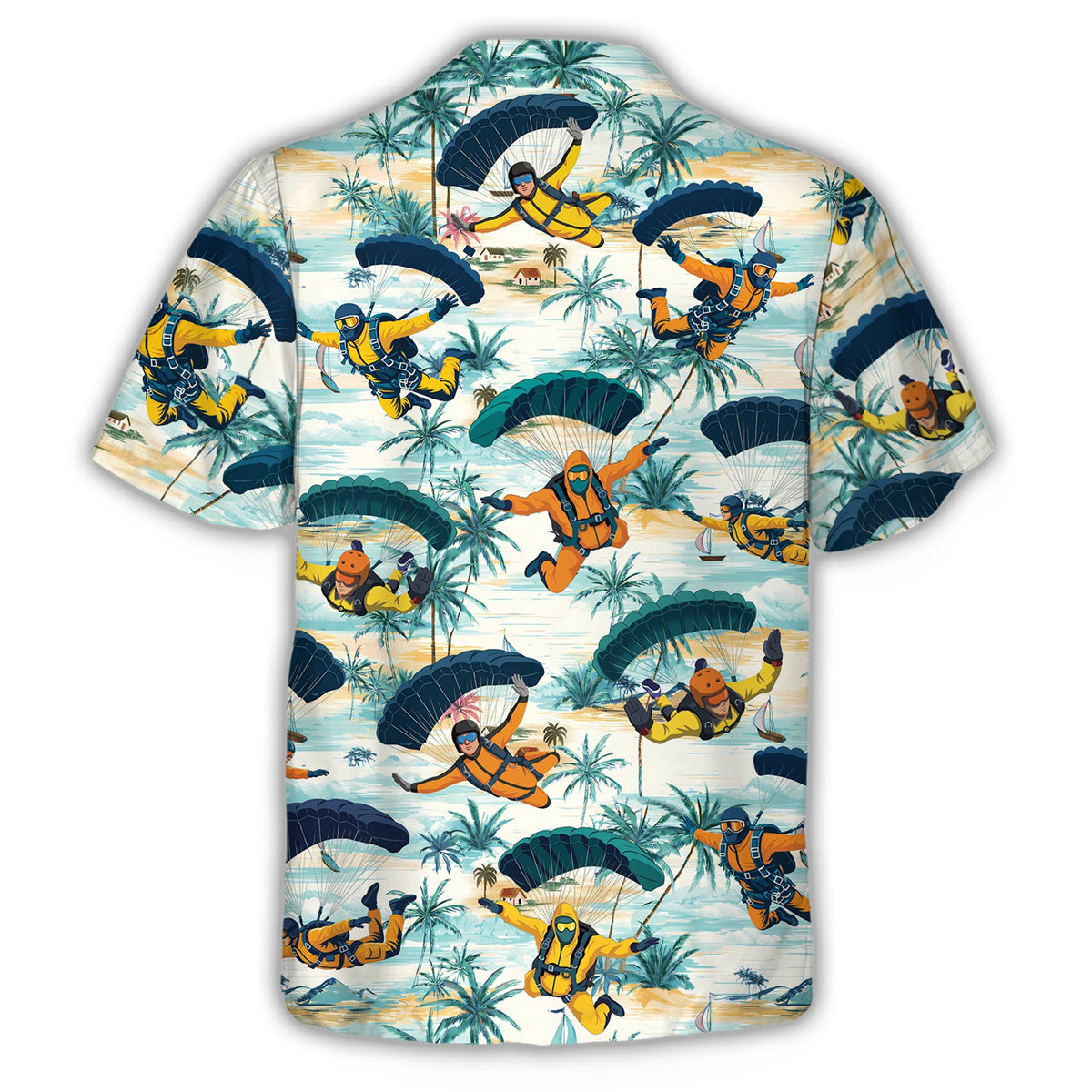 Back view of the white skydiving hawaiian shirt with parachutes and beach scene