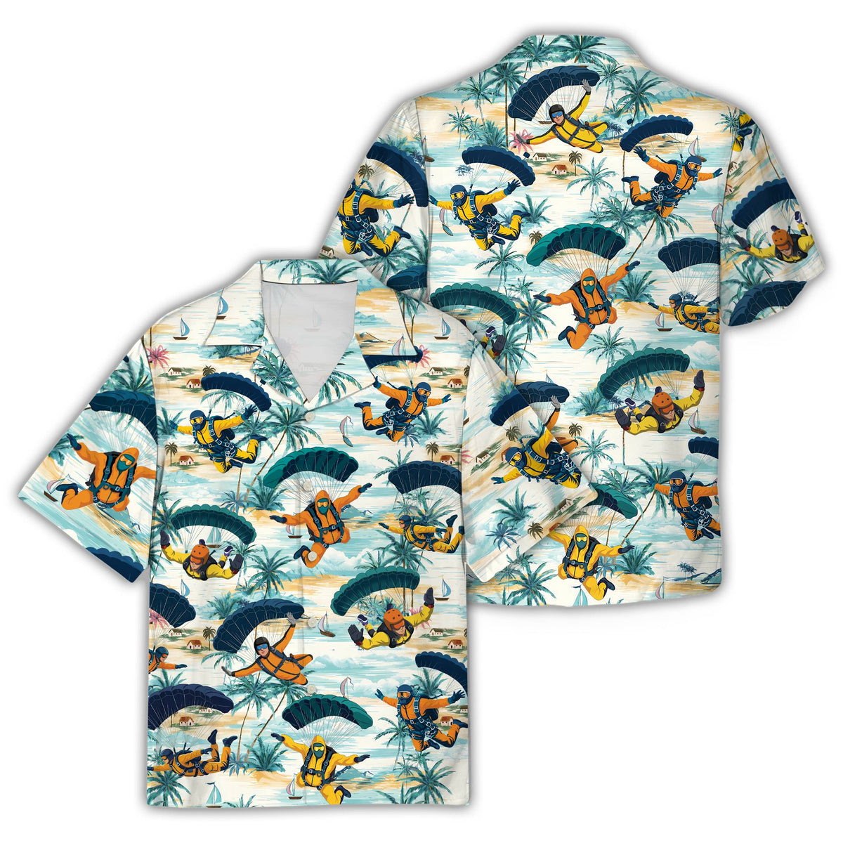 Alternate front view of the tropical skydiving hawaiian shirt