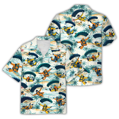 Alternate front view of the tropical skydiving hawaiian shirt