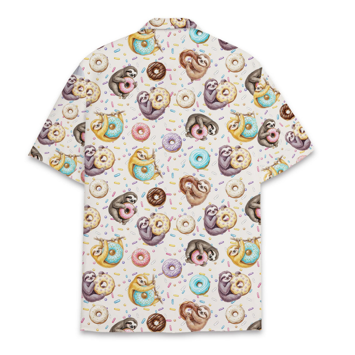 Back view of the sloth and donuts hawaiian shirt