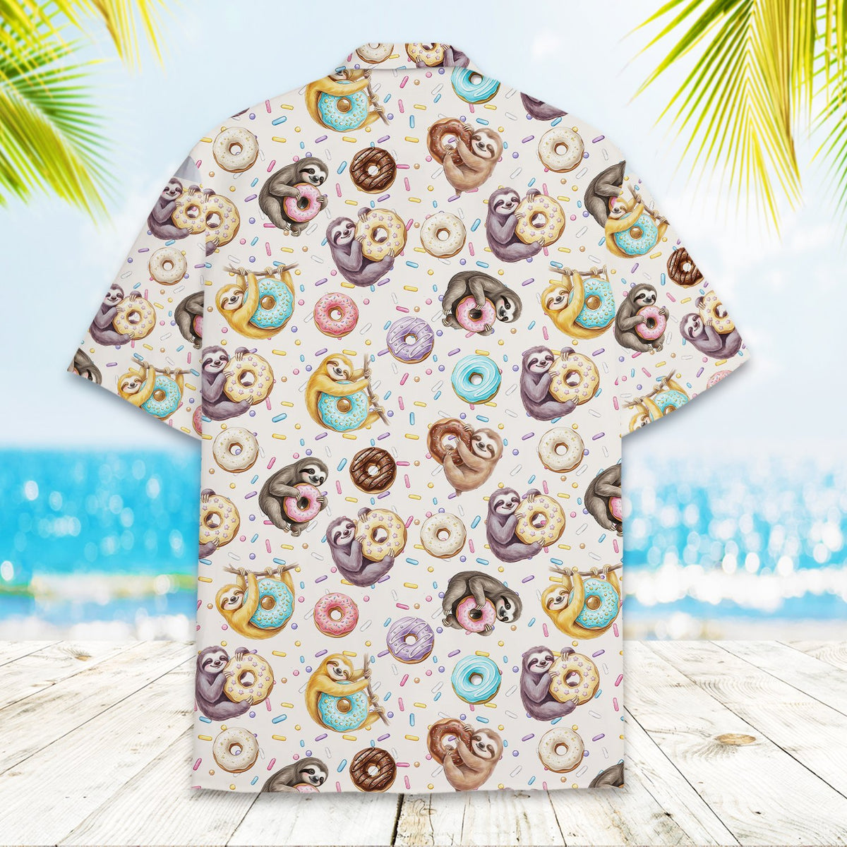 Family wearing the sloth and donuts hawaiian shirt outdoors