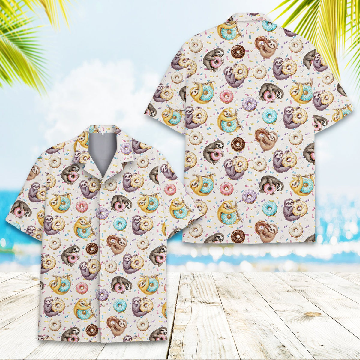 Close up lifestyle view of the white sloth hawaiian shirt