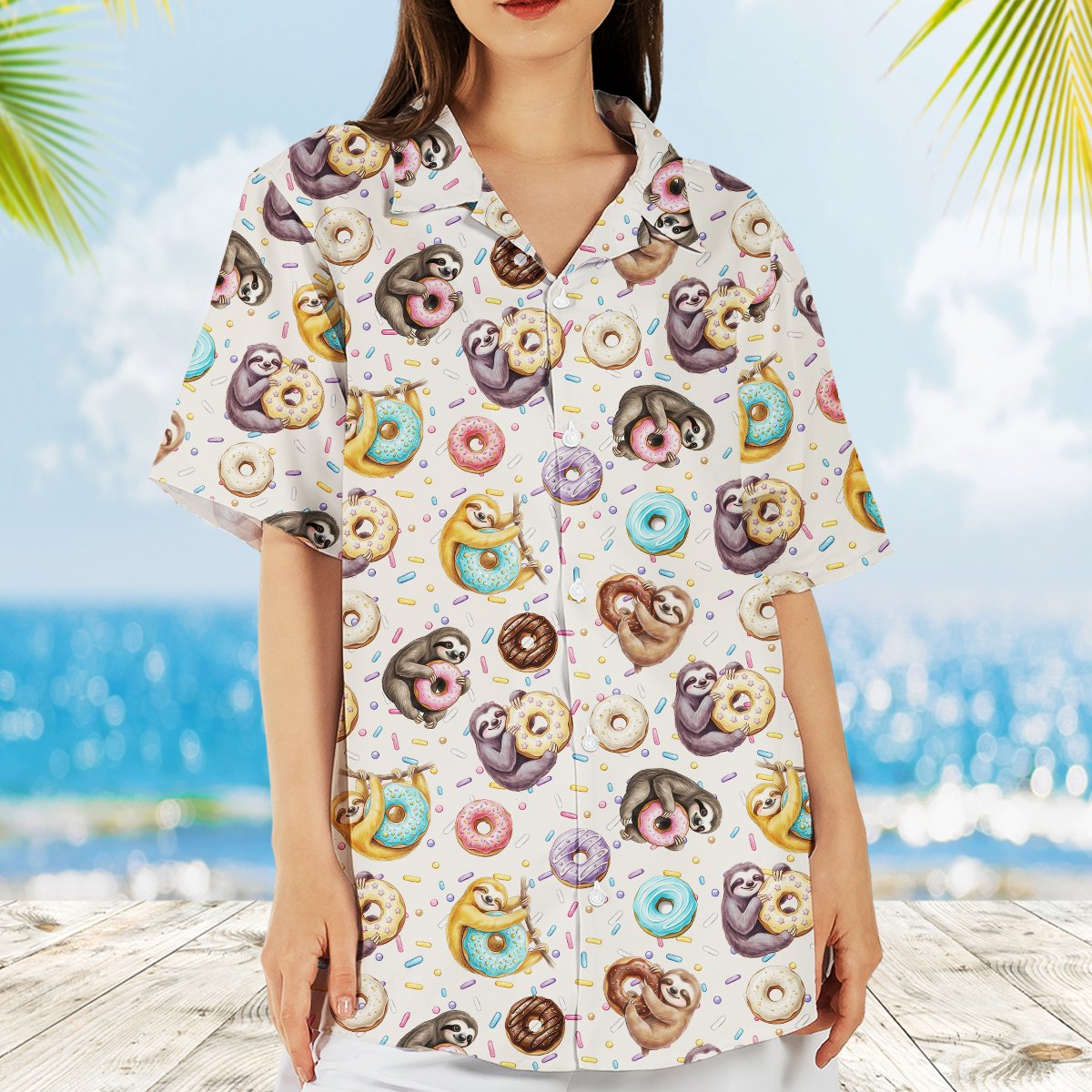 Casual outdoor look with the sloth and donuts hawaiian shirt