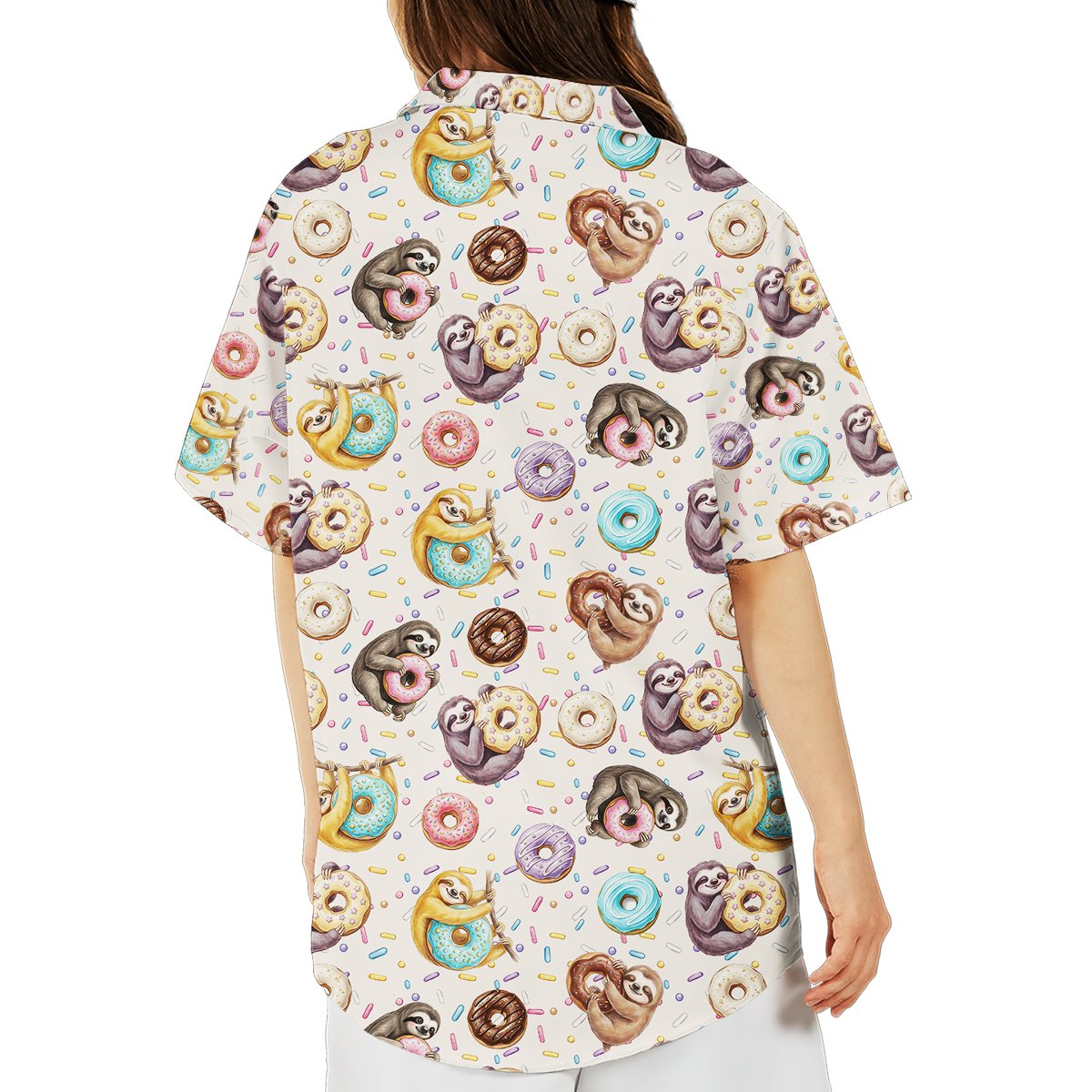 Lifestyle image showing the playful sloth and donuts pattern
