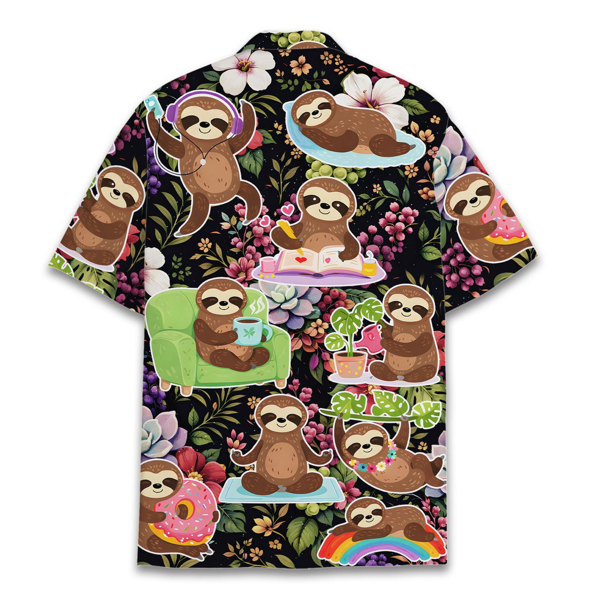 Back view of the black sloth hawaiian shirt