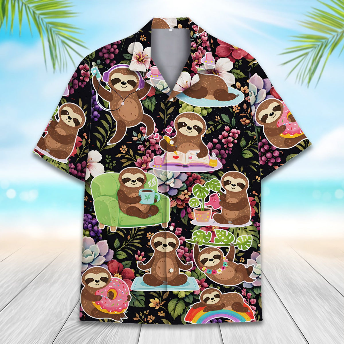 Close-up front view of sloths eating donuts and reading on a floral background