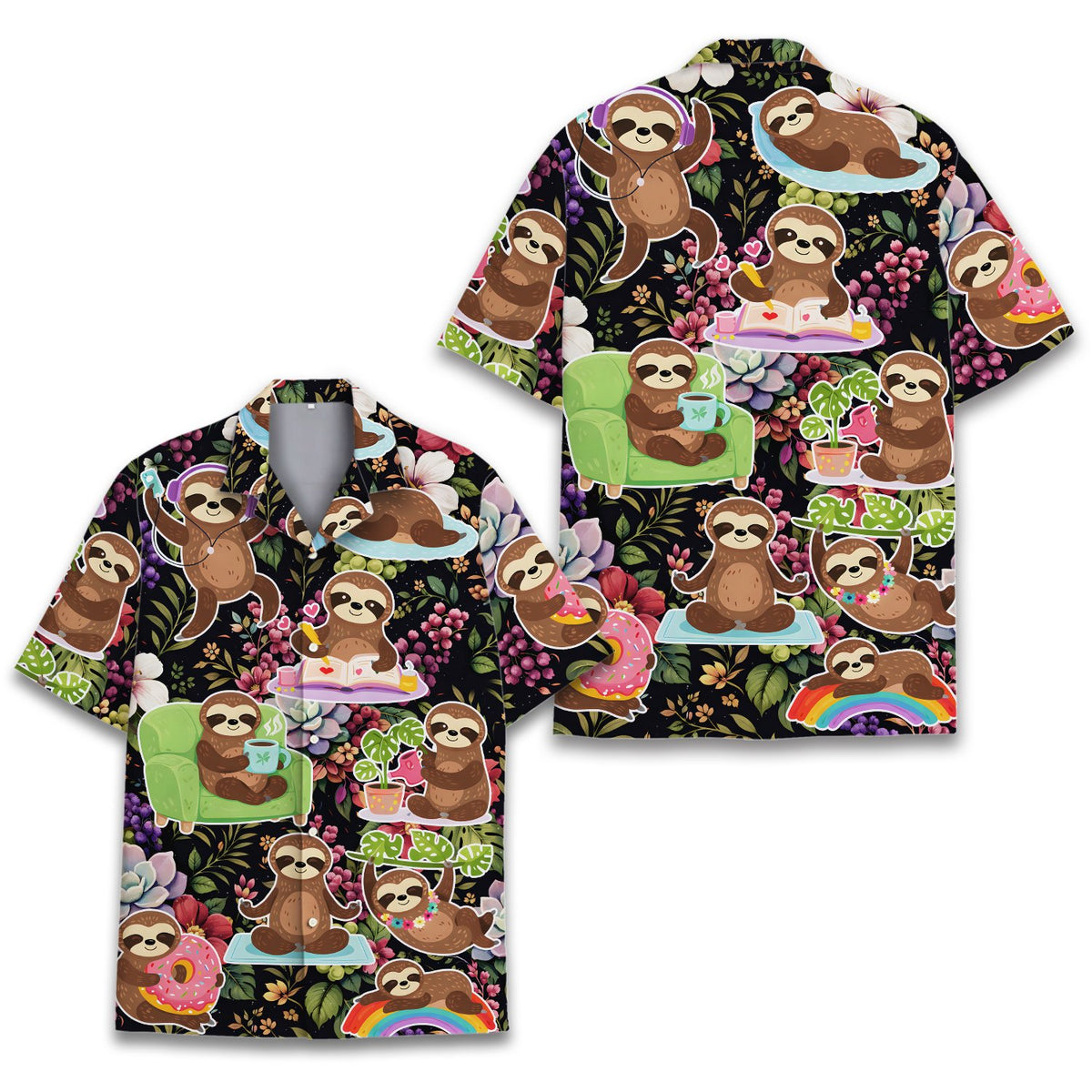 Front view of the sloth hawaiian shirt on a dark background