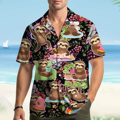 Second lifestyle view of the black sloth hawaiian shirt in a casual setting