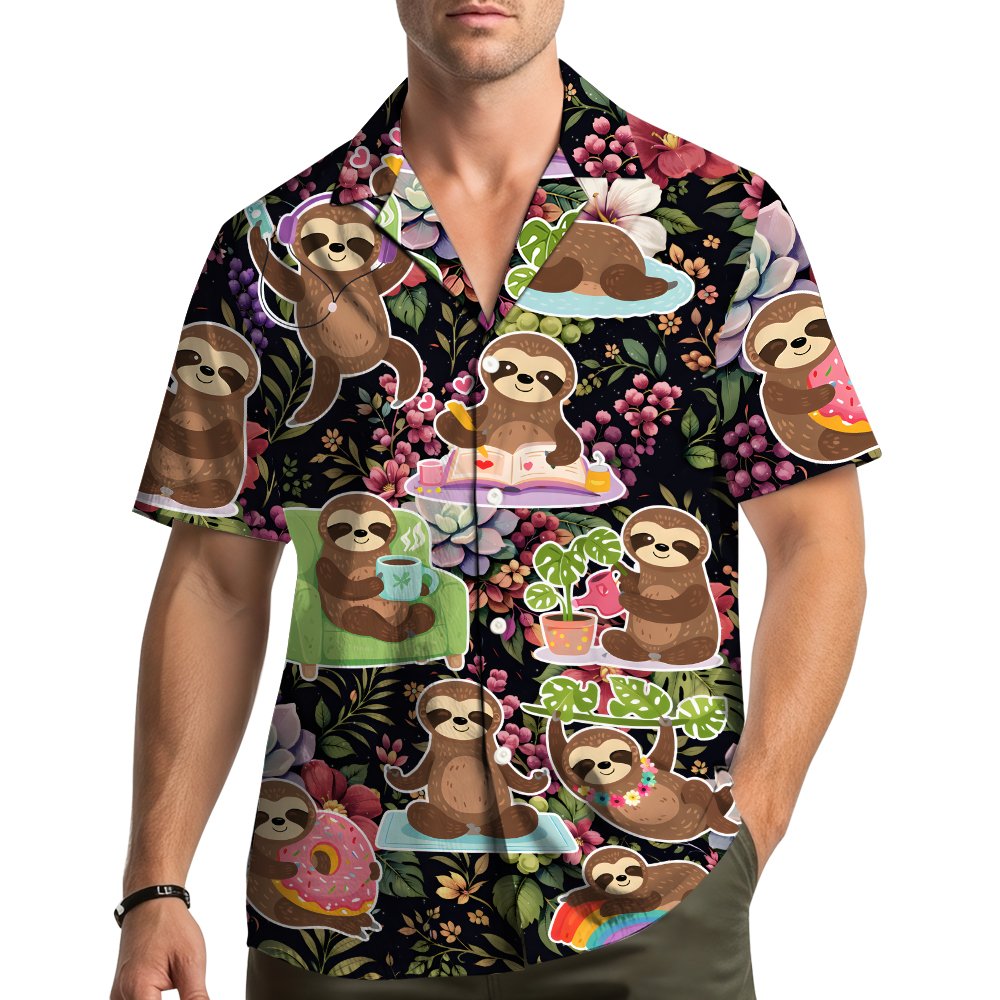Lifestyle view of the family wearing matching hawaiian shirts