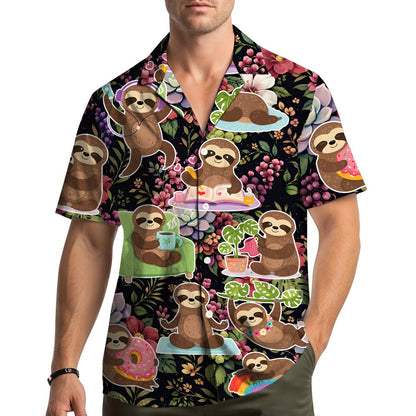 Lifestyle view of the family wearing matching hawaiian shirts
