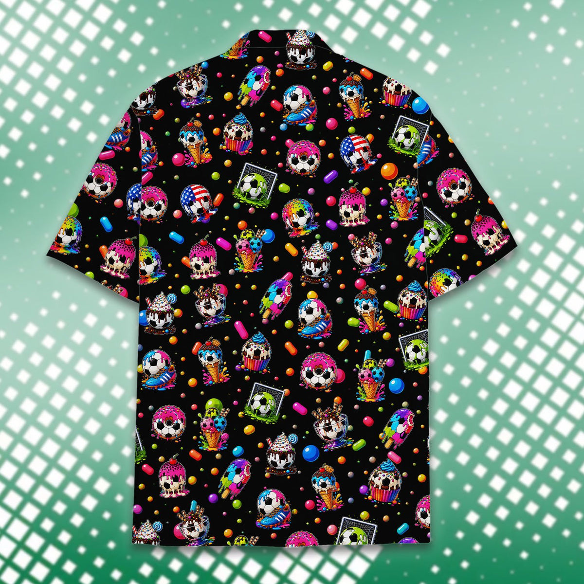 Back view showing the vibrant all-over sports and candy print