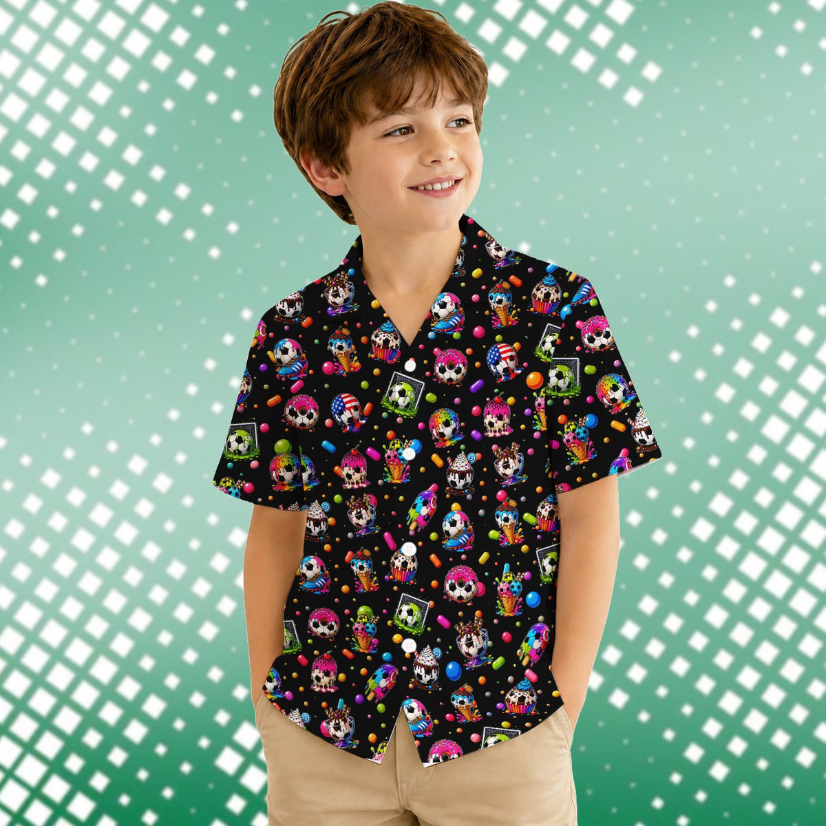 Front view showing the detailed soccer ball and cupcake print on the Hawaiian shirt