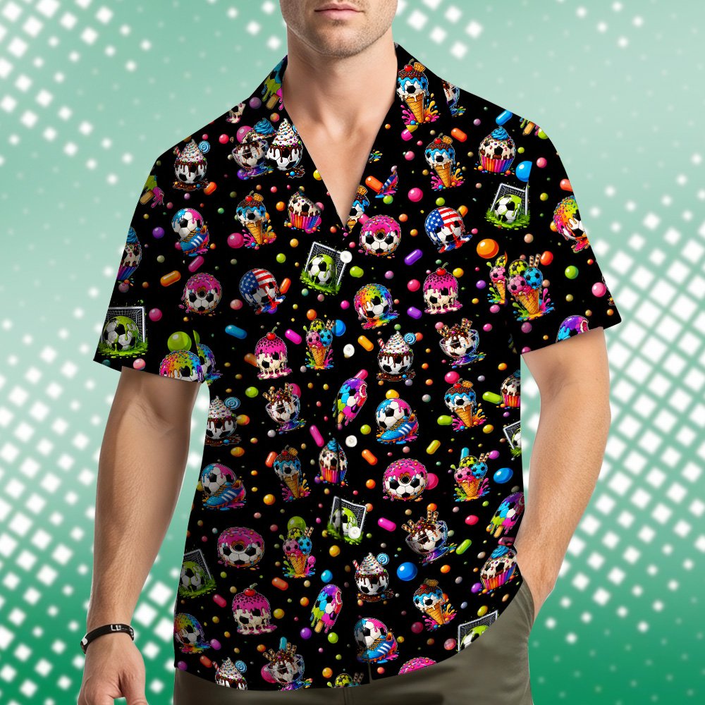 Front view of the matching family Hawaiian shirt with donut and ice cream design