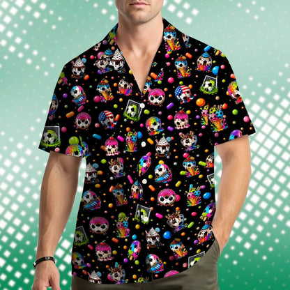 Front view of the matching family Hawaiian shirt with donut and ice cream design