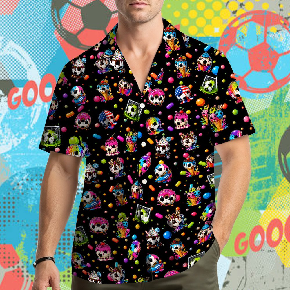 Additional front view of the black soccer and sweets Hawaiian shirt