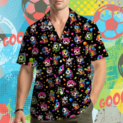 Additional front view of the black soccer and sweets Hawaiian shirt
